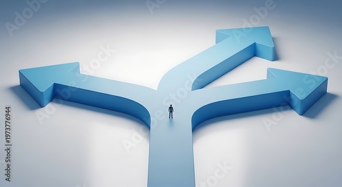 A person stands at a crossroads with multiple blue arrows pointing in different directions, symbolizing choices and decisions in business or life