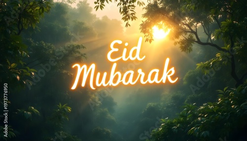 Eid Mubarak typography banner with 3D realistic lighting effect