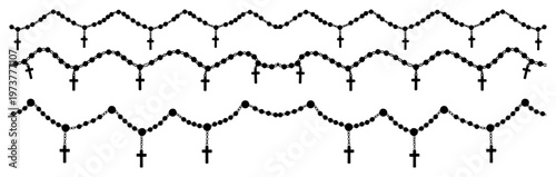 Rosary beads with small crosses arranged as religious borders in hand drawn style