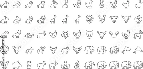 Cute animal outline icons mega collection featuring farm safari pets wildlife birds elephants lions rabbits simple vector illustration set