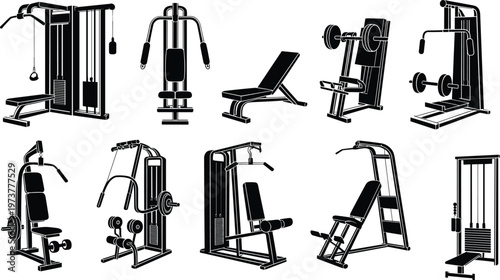 Gym equipment machines silhouettes set, fitness workout machines icons, strength training equipment, bodybuilding gym tools, vector illustration isolated collection