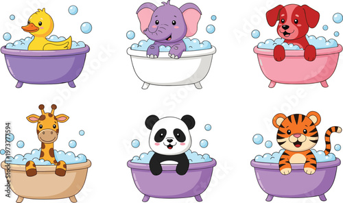 Cute baby animals bathing in bathtub collection featuring duck elephant dog giraffe panda tiger cartoon vector illustration set