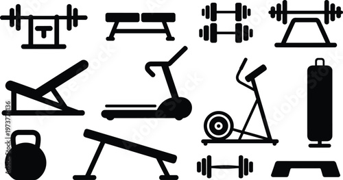 Fitness gym equipment silhouettes set including treadmill dumbbells barbell bench press kettlebell workout icons vector isolated on white background