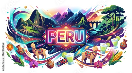Colorful Peru travel illustration with Machu Picchu, llamas, and pisco sour