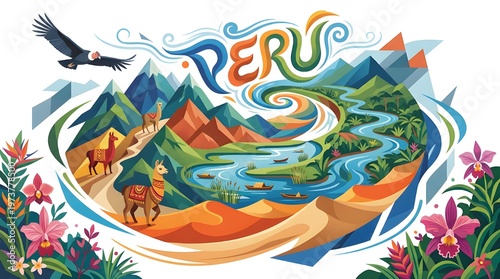 Peru travel landmarks illustration with Andes mountains, Amazon river, and condor