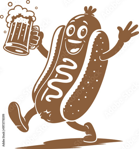 Funny Hot Dog Mascot with Beer Cartoon Food Illustration.