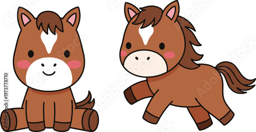 Cute cartoon horse character set adorable pony animal mascot children illustration playful farm pet vector design collection