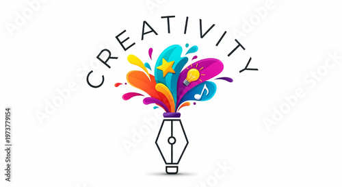 Vibrant creativity concept with colorful art supplies and star music notes emerging from a pen nib on white background its illustration only