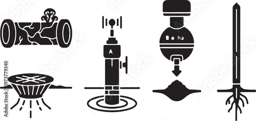 Black and white of racing car rocket drill and sword