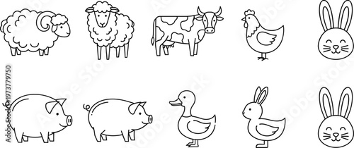 Cute farm animal outline collection featuring sheep cow chicken rabbit pig duck simple cartoon livestock vector illustration set
