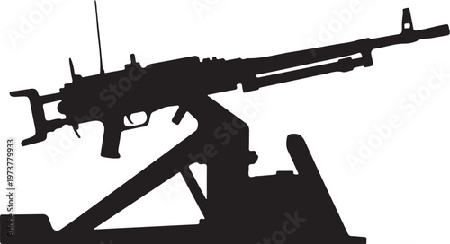 Machine gun, assault rifle, gun silhouette, weapon icon, military symbol, black vector graphic