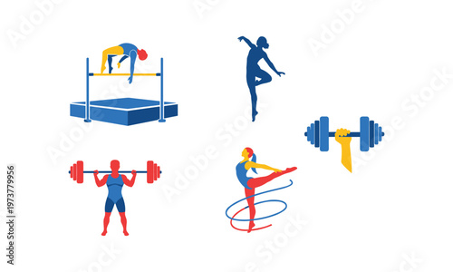 Diverse athletic events and equipment in vibrant illustration style