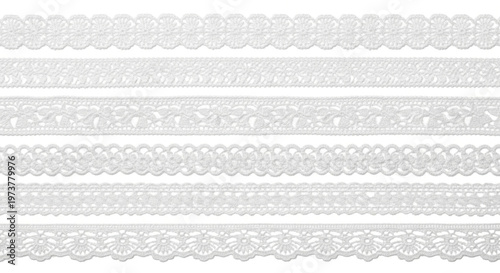Collection of six different white lace ribbons and crochet borders, sewing trimmings on a transparent background 

