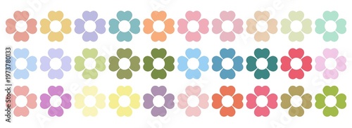 COLORFUL FLOWER ICON SET WITH HEART SHAPED PETALS IN PASTEL COLORS, color palette