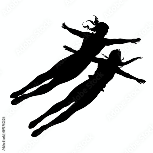 Silhouette of two figures in free fall or flight, with arms outstretched and flowing hair