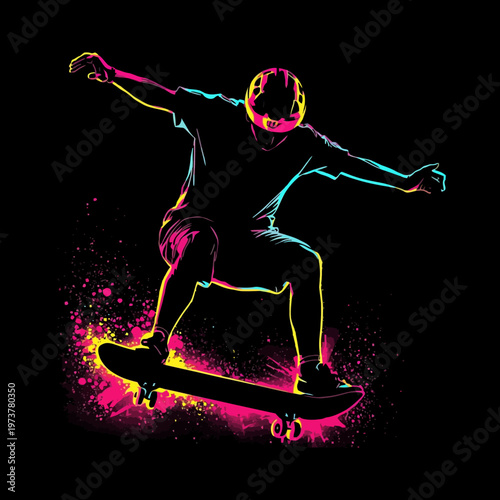 Dynamic silhouette of a skateboarder executing a stylish trick with vivid colors against a dark backdrop