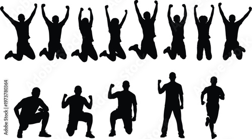 Human silhouette dynamic poses set, jumping running standing vector artwork, energetic body movement illustration, triumphant posture design composition