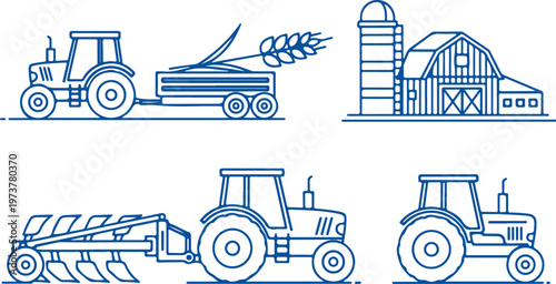 Farm tractor icons, agricultural vehicles, farming equipment, rural tools isolated on Transparent Background