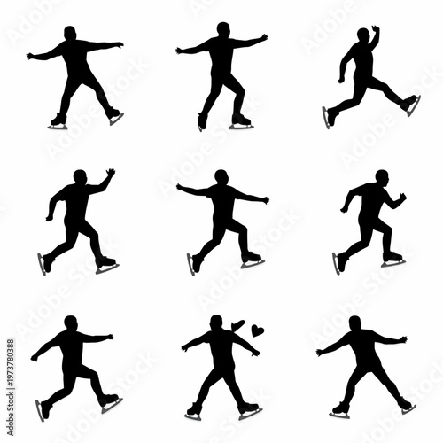 Ice skating silhouette set of nine actions. It showcases a range of movements, emphasizing the dynamic motion of the ice skater