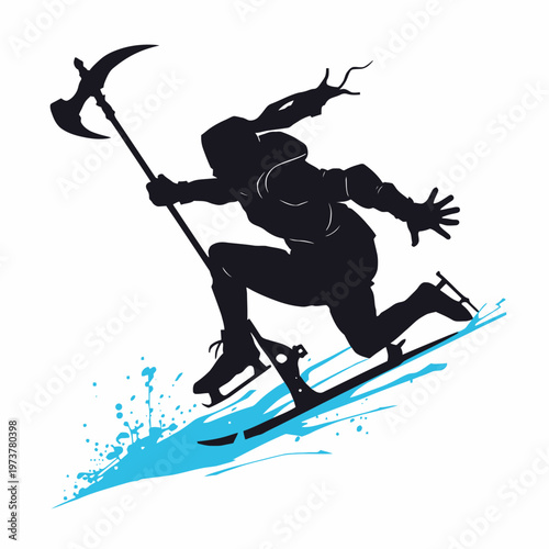 An Ice skater silhouette, skating on ice with an ax