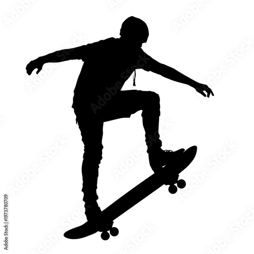 A skateboarder performs a stylish trick on a skateboard, captured in a dynamic silhouette. The skater is perfectly balanced, showcasing athleticism and skill