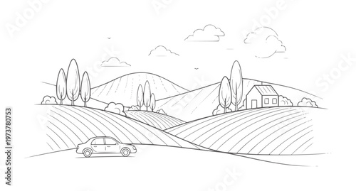 A car drives through rolling hills with a farmhouse and trees driving road landscape