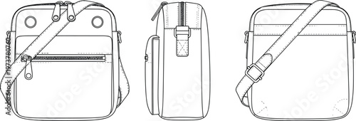 Crossbody bag technical drawing, fashion accessory vector, handbag design blueprint, product sketch illustration, manufacturing layout graphic composition