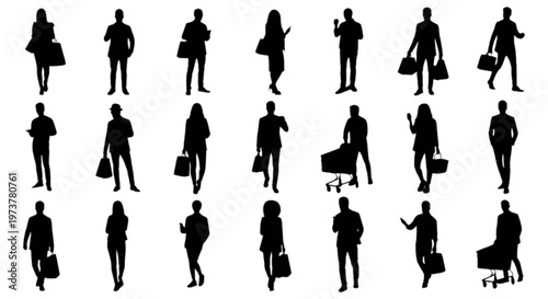 Silhouettes of diverse people carrying shopping bags and pushing carts while walking. isolated on transparent background, Vector