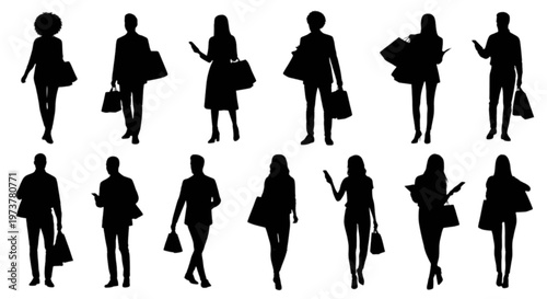 Black silhouettes of men and women walking and standing while carrying various shopping bags isolated on transparent background, Vector