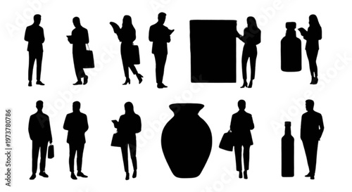 Collection of black silhouettes featuring various people standing and several common household objects isolated on transparent background, Vector