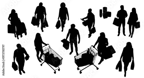 Black silhouettes of shoppers carrying bags and pushing carts seen from a top down view isolated on transparent background, Vector