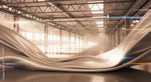 A large wave shaped sculpture in a warehouse