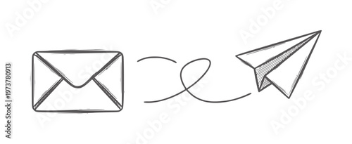 Hand drawn envelope sending paper airplane with swirling path mail
