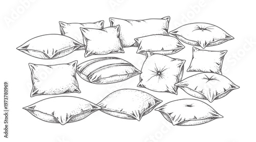 Hand drawn of assorted pillows a white cushion textile