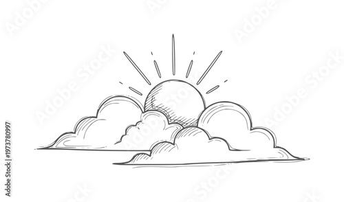 Hand drawn sun rising behind clouds sunrise