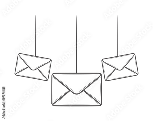 Three hand drawn envelopes hanging by strings white mail letter communication message