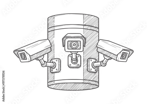 Three surveillance cameras mounted a cylindrical pole in style security