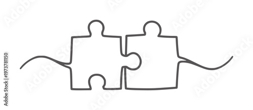 Two dark grey puzzle pieces interlocking with curved lines white connection partnership