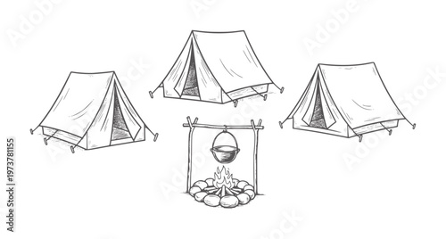 Three vintage tents and a campfire with a hanging pot in a hand drawn style camping