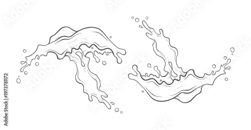 Two dynamic black ink water splashes with droplets liquid fluid motion