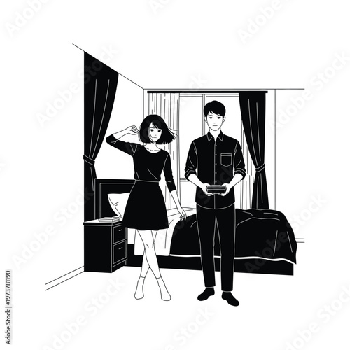 A group of people standing and sitting near a parked car in a simple black and white illustration