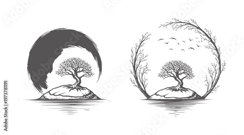 Two ink wash style trees islands with water and birds