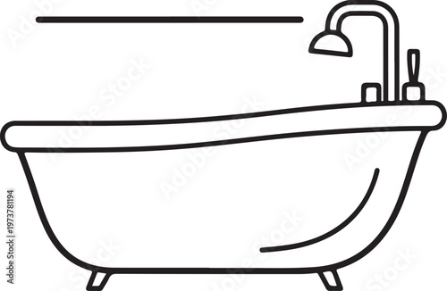 Clawfoot Bathtub, Freestanding Tub, Black Outline, Bathroom Fixture isolated on Transparent Background