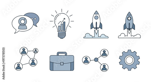 This professional set of business icons features launching rockets, light bulbs for ideas, networking connections, gears, and briefcase symbols.