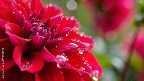 Close-up of vibrant red poinsettia flowers with water droplets in soft light