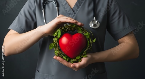 Nurse holding red heart in green wreath