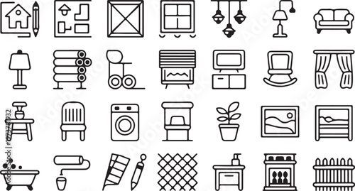 Household Furniture and Interior Decor Line Icons for Home Design