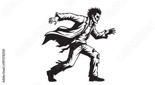 A black and white illustration of a zombie running with a spooky atmosphere