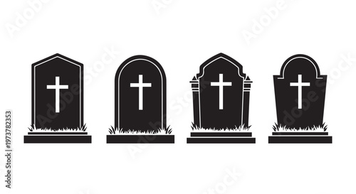 A row of black tombstones with white crosses on a plain white background