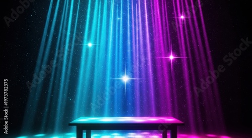 A colorful light shines on a table in the dark